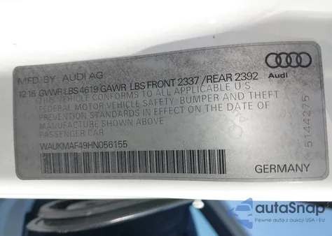 2017 Audi A4 2.0T Season Of Audi Ultra Premium z USA, uszkodzony, nr VIN WAUKMAF49HN056155